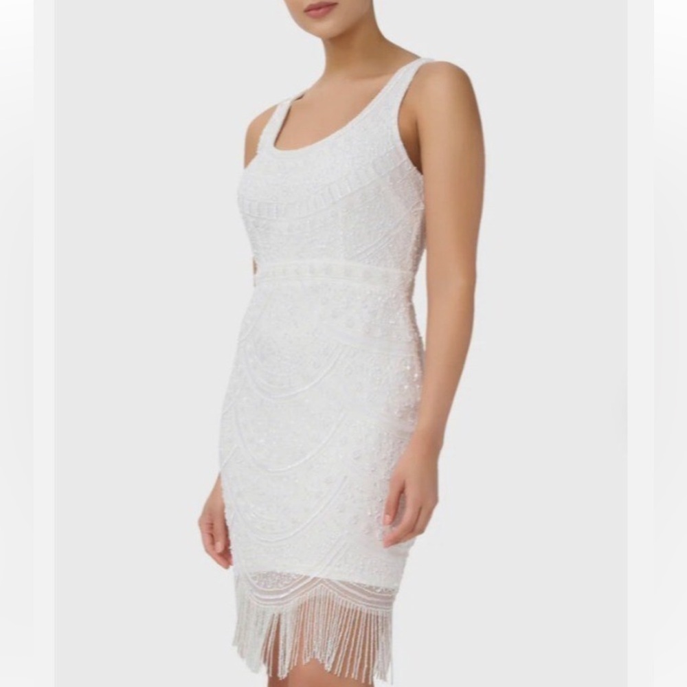 NWT Adrianna Papell White Ivory Beaded Fringe Dress, 8